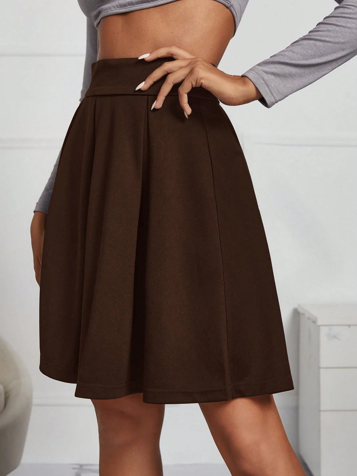 Frenchy Zipper Side Solid Pleated Skirt,Ladies Casual Zipper Short Loose High Waist Black Plain Women Skirts,Spring/Summer,Casual Daily Wear