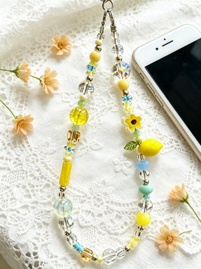 [Fresh Summer Style] Lemon And Flower Beaded Phone Chain, Summer Aesthetic Phone Wristlet, Cute Anti-Loss Phone Lanyard, CCD Camera Pendant, Bag Charm- These Add A Bright And Cheerful Touch To Your D