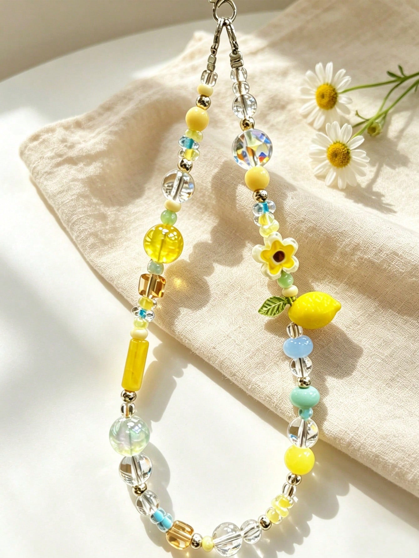 [Fresh Summer Style] Lemon And Flower Beaded Phone Chain, Summer Aesthetic Phone Wristlet, Cute Anti-Loss Phone Lanyard, CCD Camera Pendant, Bag Charm- These Add A Bright And Cheerful Touch To Your D