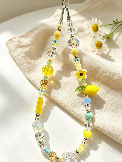 [Fresh Summer Style] Lemon And Flower Beaded Phone Chain, Summer Aesthetic Phone Wristlet, Cute Anti-Loss Phone Lanyard, CCD Camera Pendant, Bag Charm- These Add A Bright And Cheerful Touch To Your D