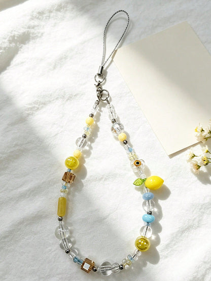 [Fresh Summer Style] Lemon And Flower Beaded Phone Chain, Summer Aesthetic Phone Wristlet, Cute Anti-Loss Phone Lanyard, CCD Camera Pendant, Bag Charm- These Add A Bright And Cheerful Touch To Your D