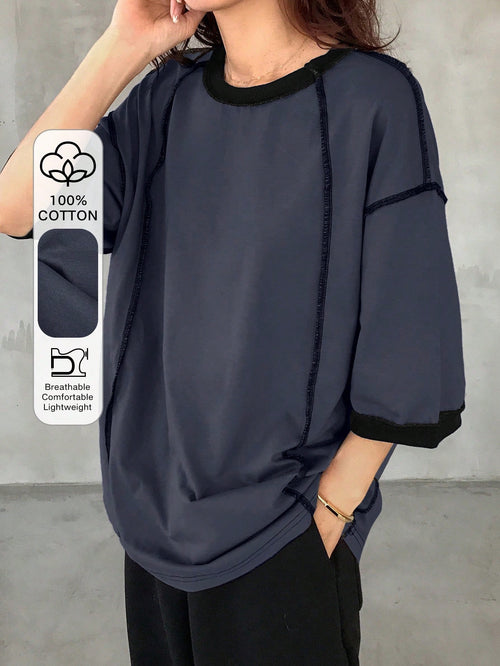 FRIFUL Women's Casual Loose Fit Round Neck Contrast Color Drop Shoulder T-Shirt, Versatile Oversized T-Shirt