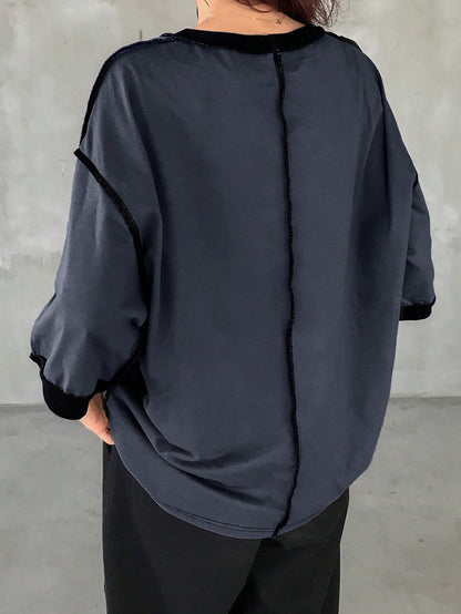 FRIFUL Women's Casual Loose Fit Round Neck Contrast Color Drop Shoulder T-Shirt, Versatile Oversized T-Shirt