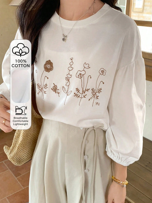 FRIFUL Women's White Loose T-Shirt With Floral Embroidery Pattern, 3/4 Sleeve, Bohemian Style, Spring