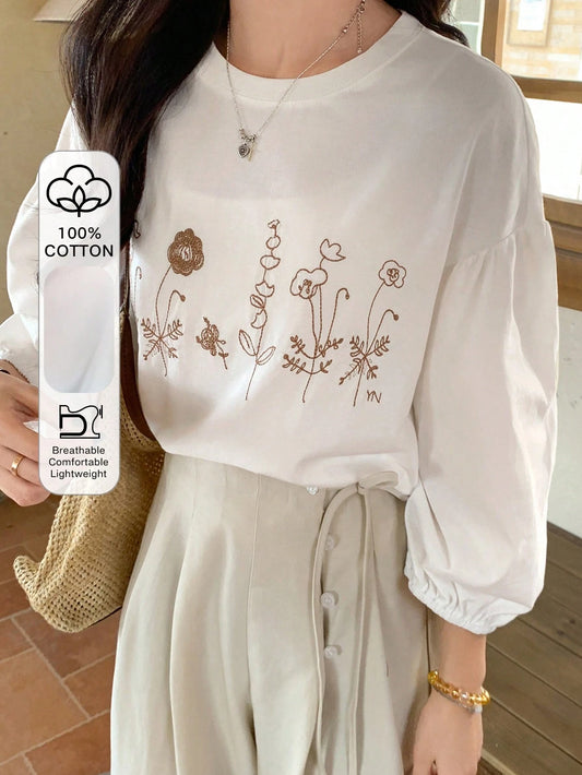 FRIFUL Women's White Loose T-Shirt With Floral Embroidery Pattern, 3/4 Sleeve, Bohemian Style, Spring