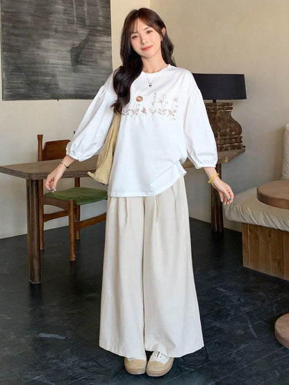 FRIFUL Women's White Loose T-Shirt With Floral Embroidery Pattern, 3/4 Sleeve, Bohemian Style, Spring