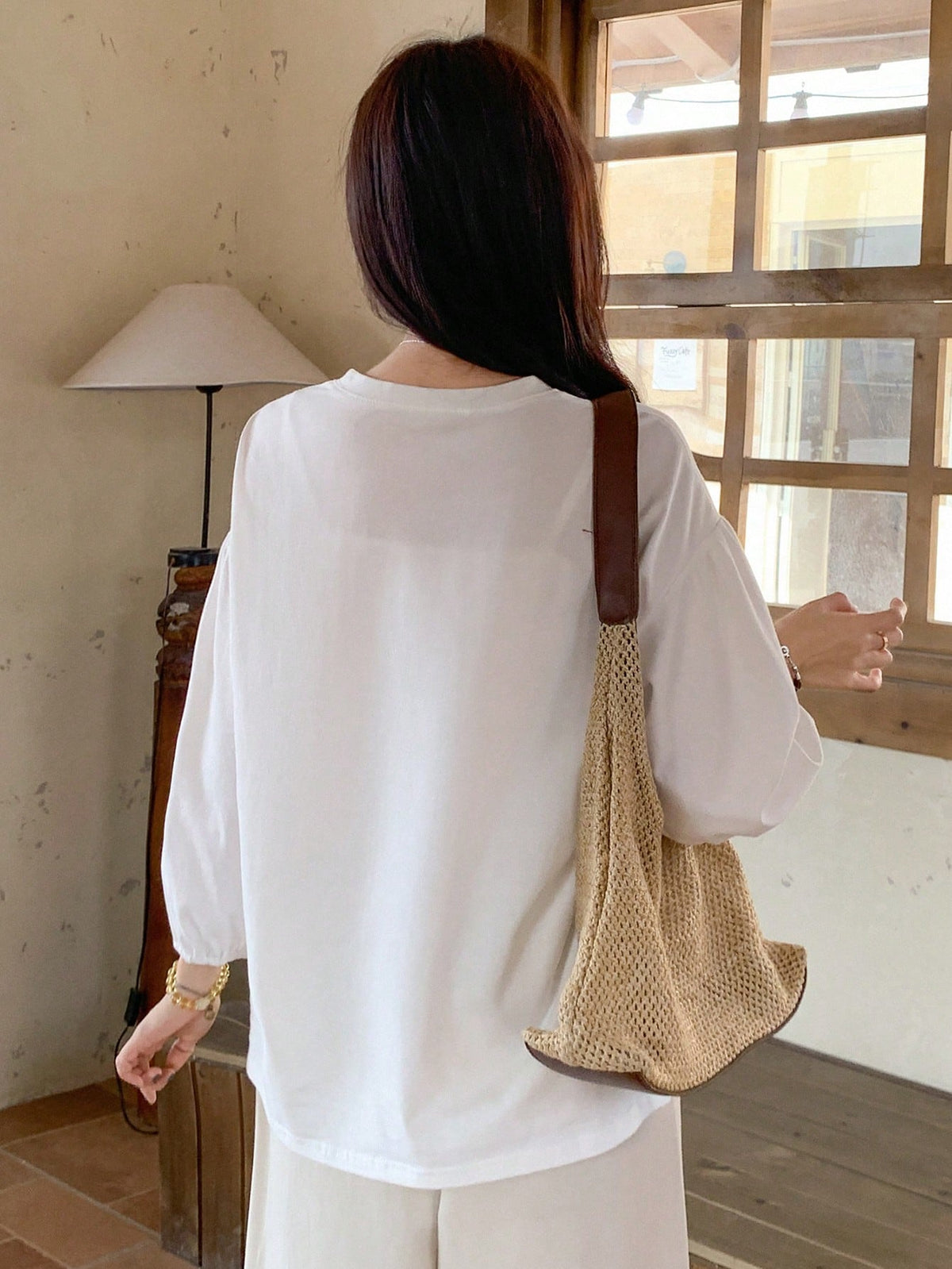 FRIFUL Women's White Loose T-Shirt With Floral Embroidery Pattern, 3/4 Sleeve, Bohemian Style, Spring