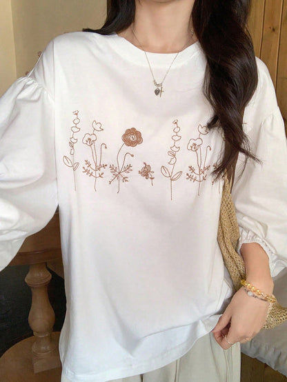 FRIFUL Women's White Loose T-Shirt With Floral Embroidery Pattern, 3/4 Sleeve, Bohemian Style, Spring