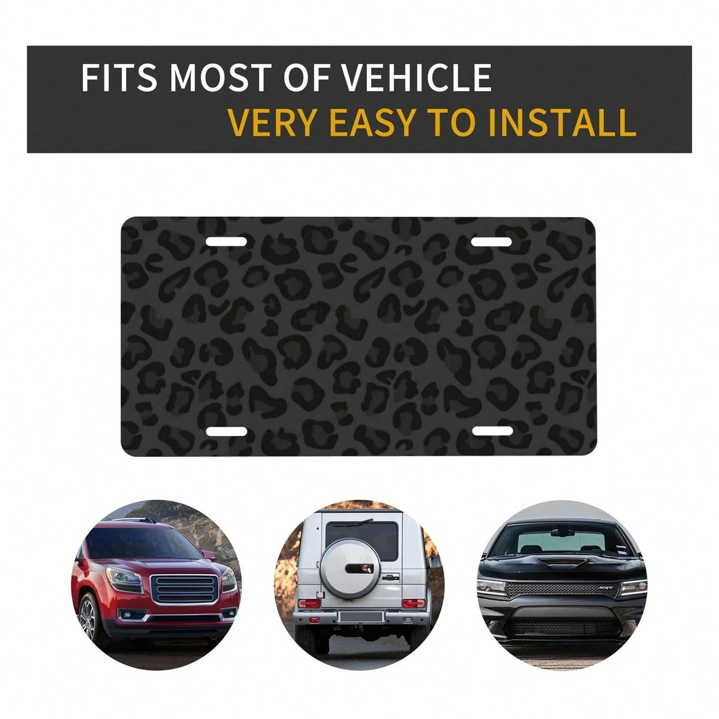Front License Plate Cover – Aluminum Metal Car Accessory, Rust-Proof Novelty Vanity Tag Decor For Men & Women, 6x12 With 4 Holes- 043 Black Leopard