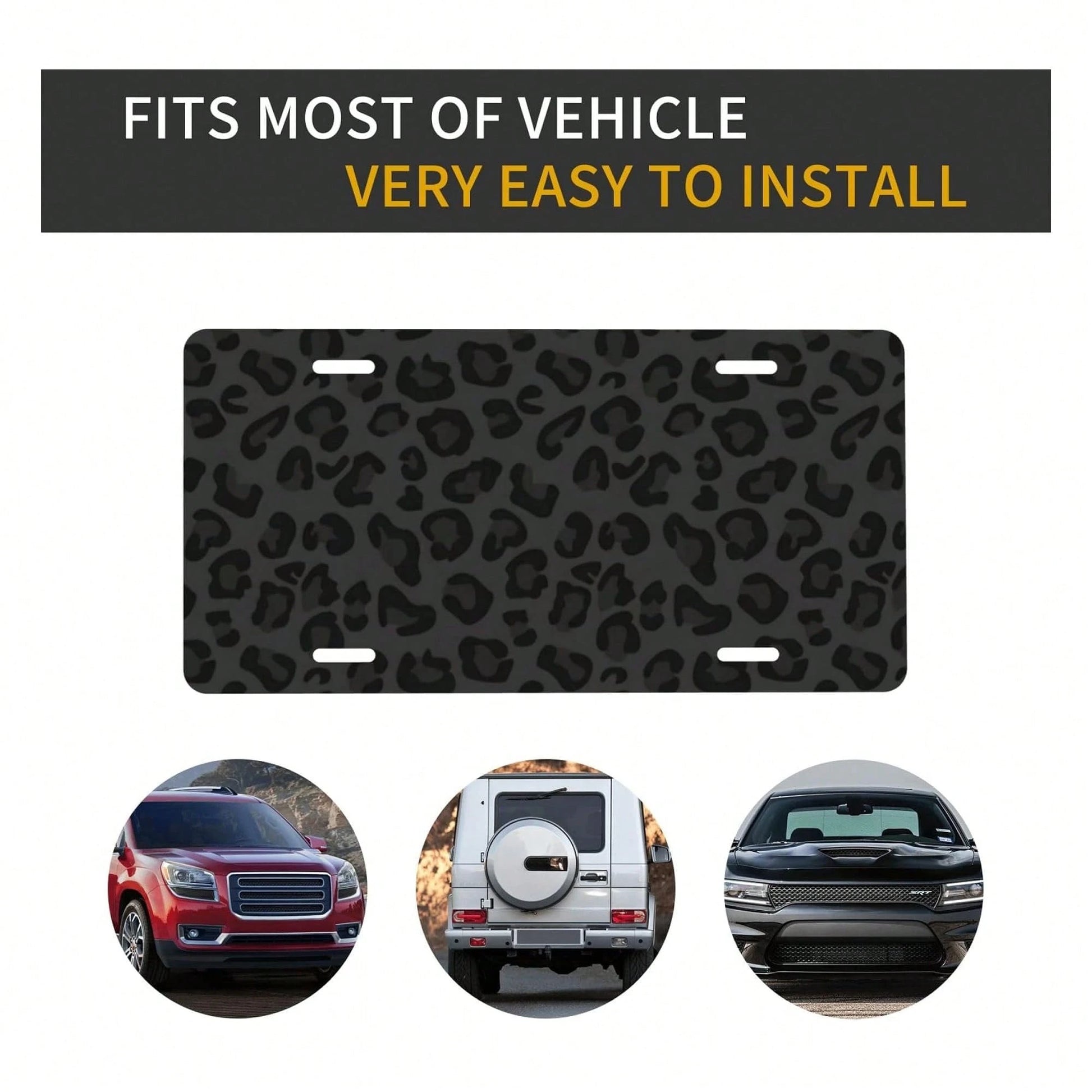Front License Plate Cover – Aluminum Metal Car Accessory, Rust-Proof Novelty Vanity Tag Decor For Men & Women, 6x12 With 4 Holes- 043 Black Leopard