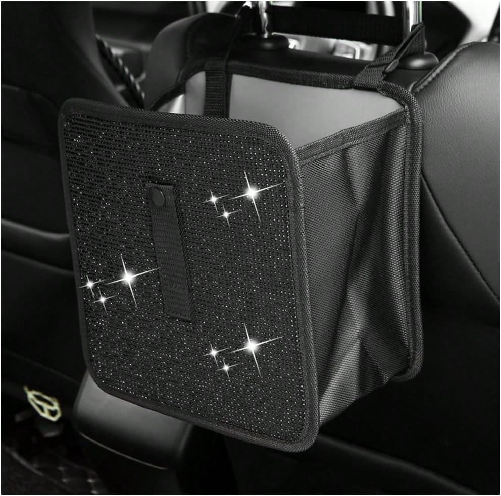 FSTURIOS Car Trash Can, Bling Rhinestone Crystal Waterproof Hanging Garbage Bag For Car Interior, Oxford Leakproof Foldable Waste Organizer Trash Bin Universal For Most Vehicles (Black)