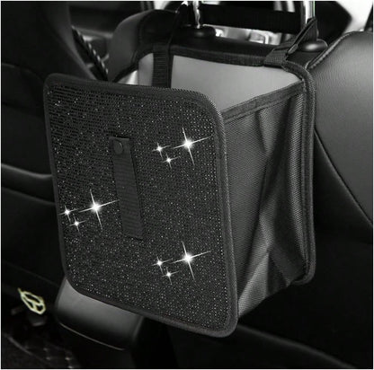 FSTURIOS Car Trash Can, Bling Rhinestone Crystal Waterproof Hanging Garbage Bag For Car Interior, Oxford Leakproof Foldable Waste Organizer Trash Bin Universal For Most Vehicles (Black)