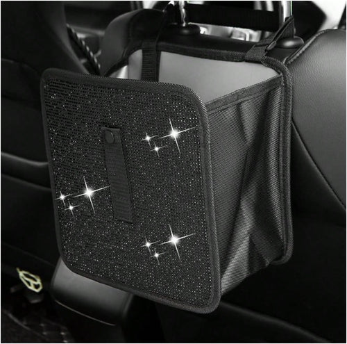 FSTURIOS Car Trash Can, Bling Rhinestone Crystal Waterproof Hanging Garbage Bag For Car Interior, Oxford Leakproof Foldable Waste Organizer Trash Bin Universal For Most Vehicles (Black)