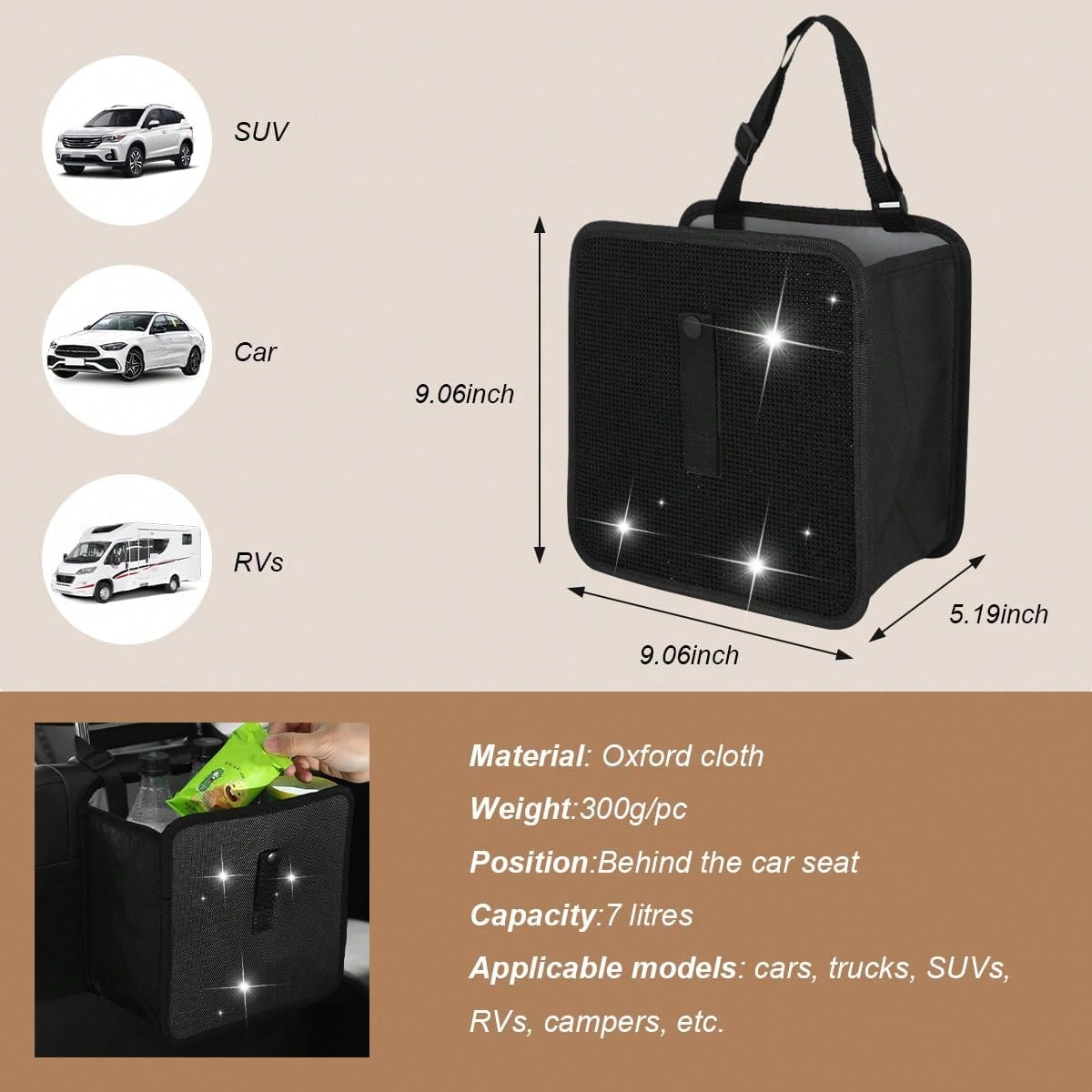 FSTURIOS Car Trash Can, Bling Rhinestone Crystal Waterproof Hanging Garbage Bag For Car Interior, Oxford Leakproof Foldable Waste Organizer Trash Bin Universal For Most Vehicles (Black)