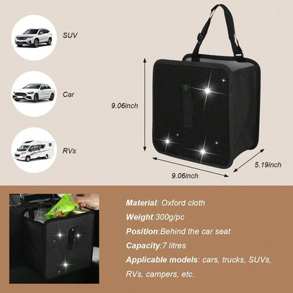 FSTURIOS Car Trash Can, Bling Rhinestone Crystal Waterproof Hanging Garbage Bag For Car Interior, Oxford Leakproof Foldable Waste Organizer Trash Bin Universal For Most Vehicles (Black)