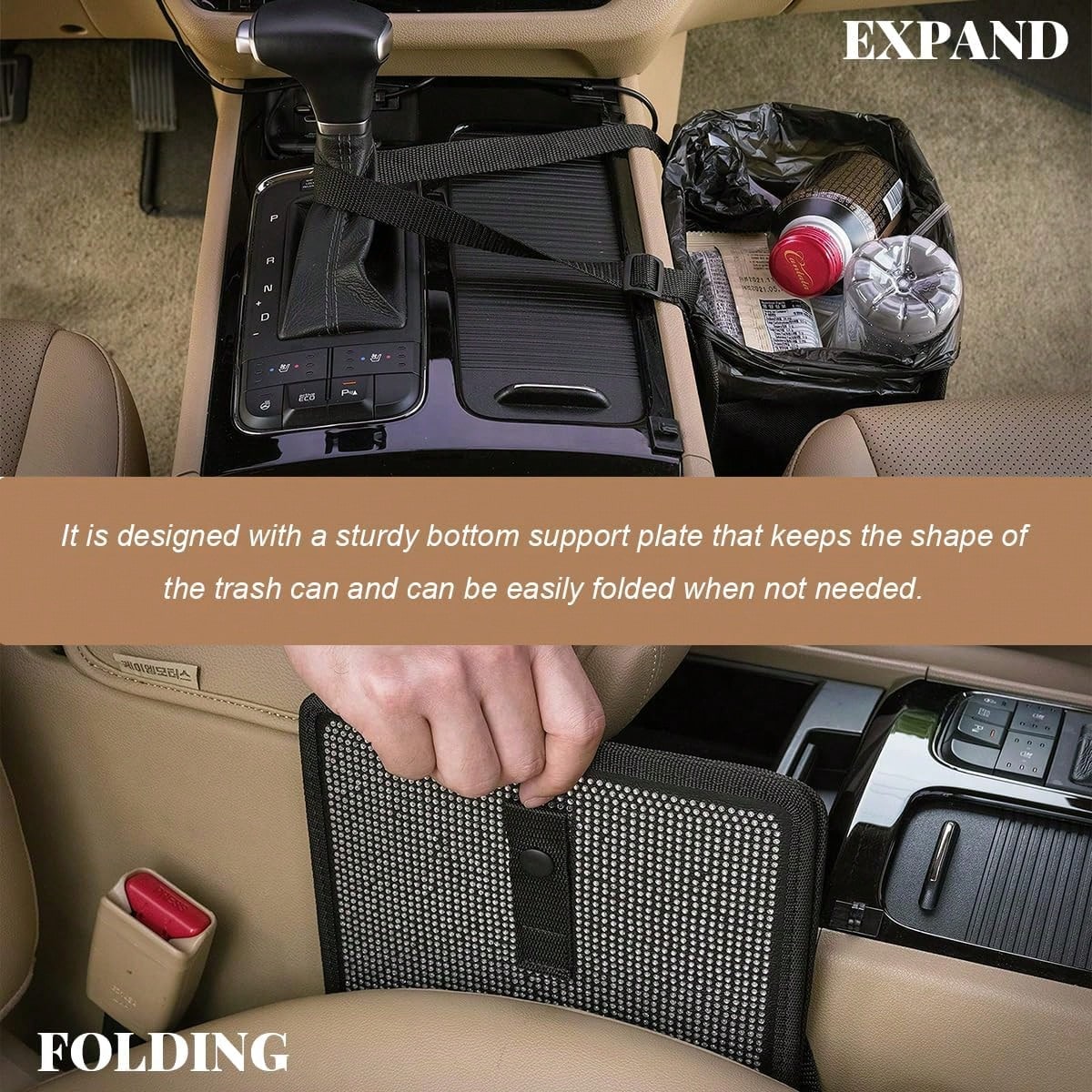 FSTURIOS Car Trash Can, Bling Rhinestone Crystal Waterproof Hanging Garbage Bag For Car Interior, Oxford Leakproof Foldable Waste Organizer Trash Bin Universal For Most Vehicles (Black)