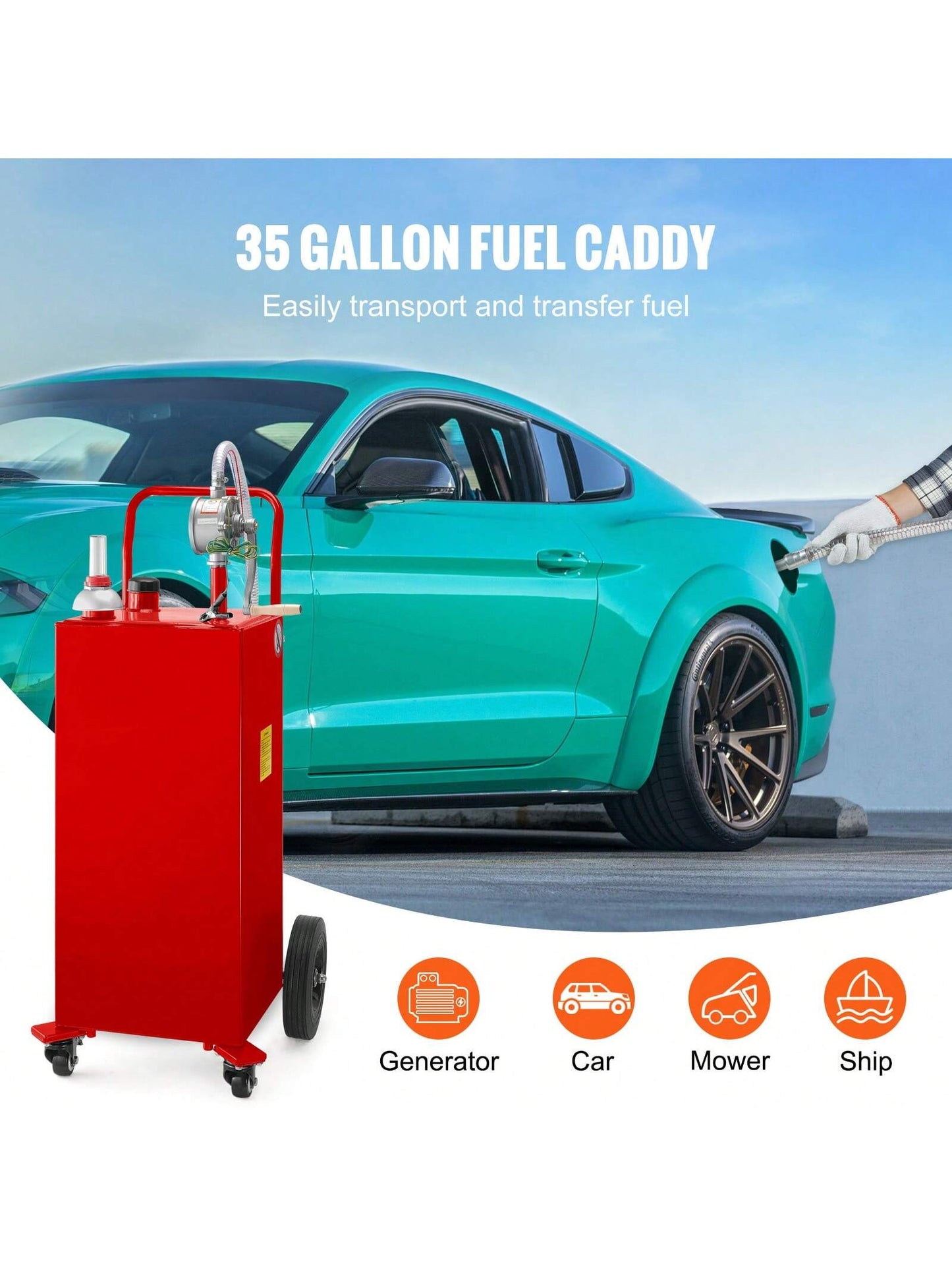 Fuel Caddy, 30 Or 35 Gallon, Gas Storage Tank On 2 Or 4 Wheels, With Manuel Transfer Pump, Gasoline Fuel Container For Cars, Lawn Mowers, ATVs, Boats, More, Red/Yellow/Blue/Black