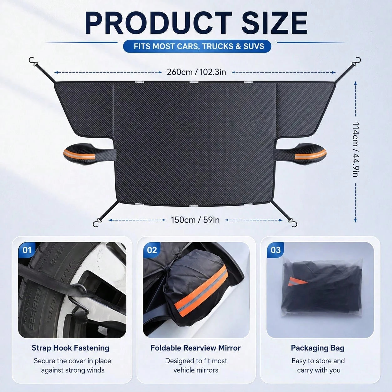 Full Coverage Car Windshield Sun Shade Cover, Foldable Front Window Sunshield With Mirror Straps & S-Hook Fastening, UV Protection Heat Insulation, Blocks UV Rays, Reduces Heat Build-Up, Protects Dash