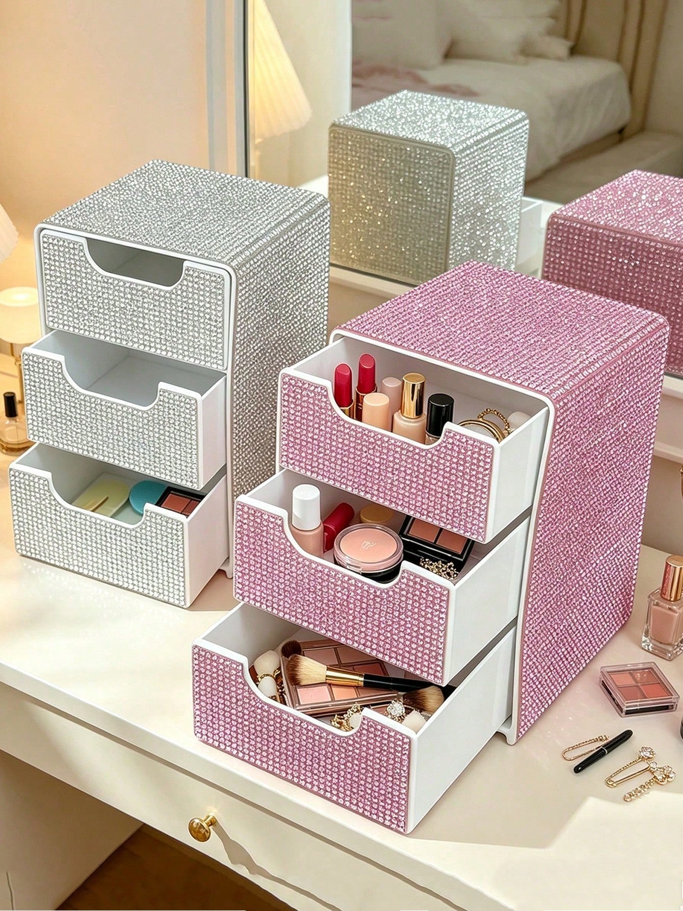Full Rhinestone 3-Layer Small Drawer High-End Desktop Storage Box, Jewelry & Cosmetics Organizer, Mini Desktop Drawer Storage Box, Desktop Organizer, Room Decor, Plastic Multi-Layer Jewelry & Cosmetic