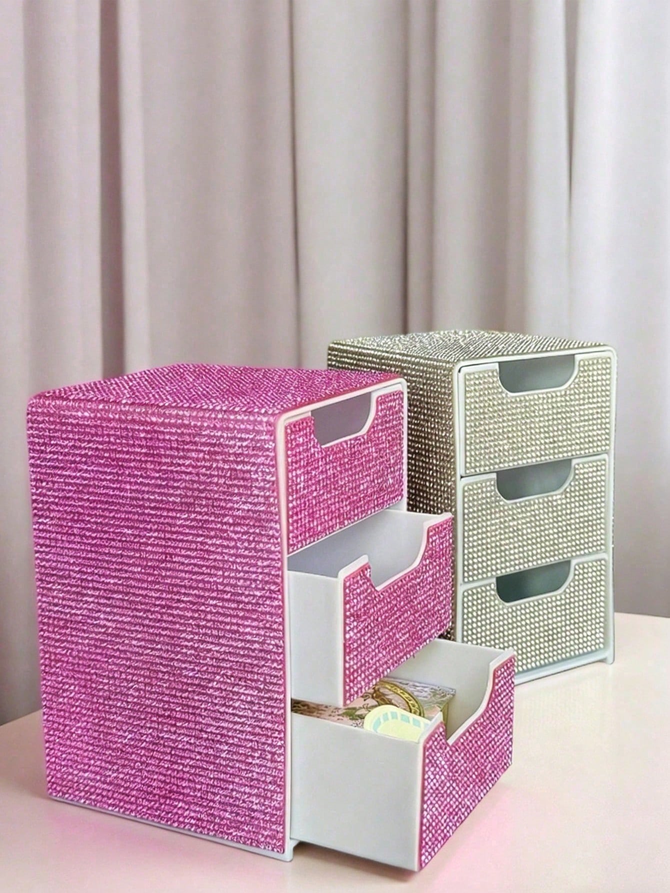 Full Rhinestone 3-Layer Small Drawer High-End Desktop Storage Box, Jewelry & Cosmetics Organizer, Mini Desktop Drawer Storage Box, Desktop Organizer, Room Decor, Plastic Multi-Layer Jewelry & Cosmetic