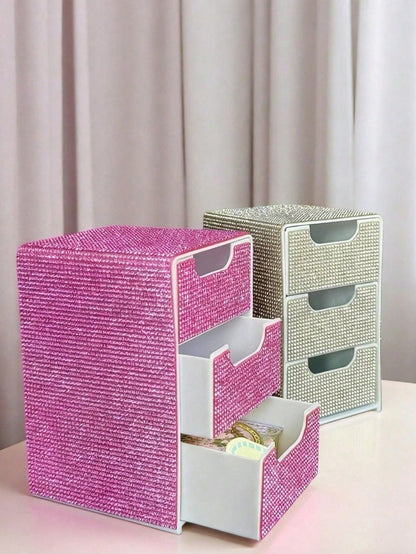 Full Rhinestone 3-Layer Small Drawer High-End Desktop Storage Box, Jewelry & Cosmetics Organizer, Mini Desktop Drawer Storage Box, Desktop Organizer, Room Decor, Plastic Multi-Layer Jewelry & Cosmetic