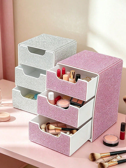 Full Rhinestone 3-Layer Small Drawer High-End Desktop Storage Box, Jewelry & Cosmetics Organizer, Mini Desktop Drawer Storage Box, Desktop Organizer, Room Decor, Plastic Multi-Layer Jewelry & Cosmetic