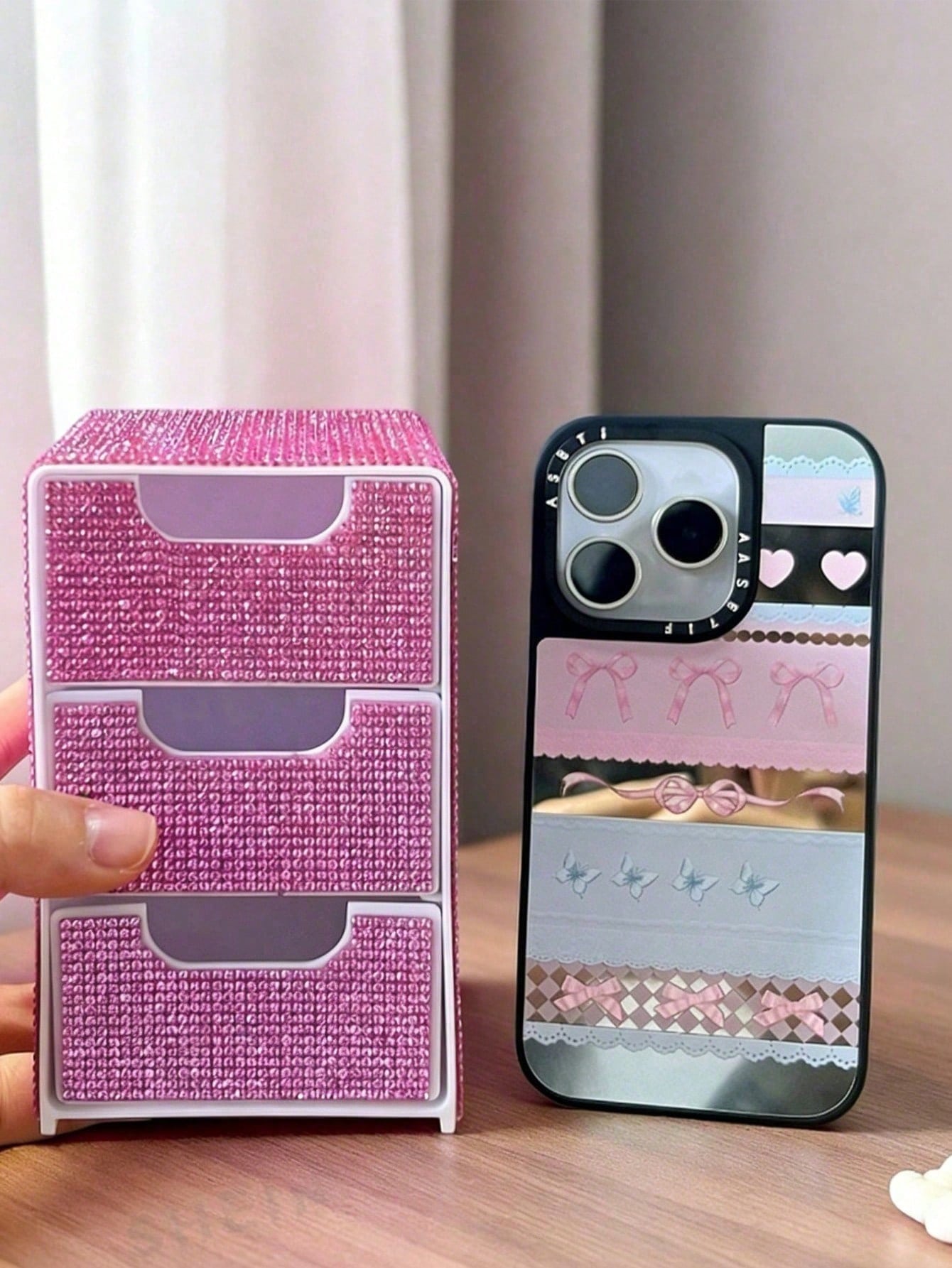 Full Rhinestone 3-Layer Small Drawer High-End Desktop Storage Box, Jewelry & Cosmetics Organizer, Mini Desktop Drawer Storage Box, Desktop Organizer, Room Decor, Plastic Multi-Layer Jewelry & Cosmetic