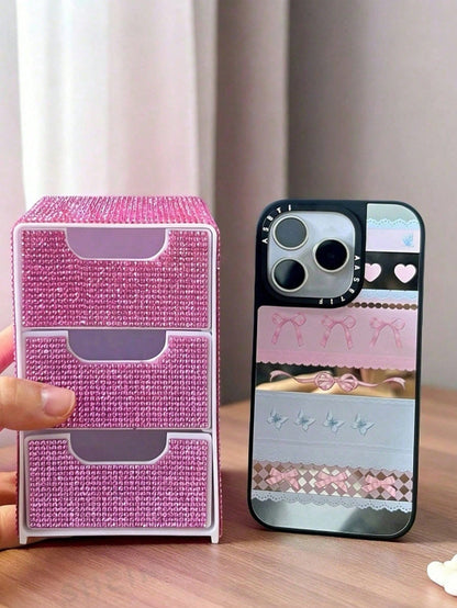 Full Rhinestone 3-Layer Small Drawer High-End Desktop Storage Box, Jewelry & Cosmetics Organizer, Mini Desktop Drawer Storage Box, Desktop Organizer, Room Decor, Plastic Multi-Layer Jewelry & Cosmetic