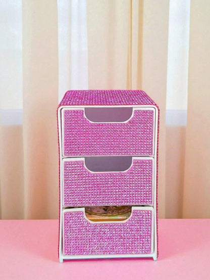 Full Rhinestone 3-Layer Small Drawer High-End Desktop Storage Box, Jewelry & Cosmetics Organizer, Mini Desktop Drawer Storage Box, Desktop Organizer, Room Decor, Plastic Multi-Layer Jewelry & Cosmetic