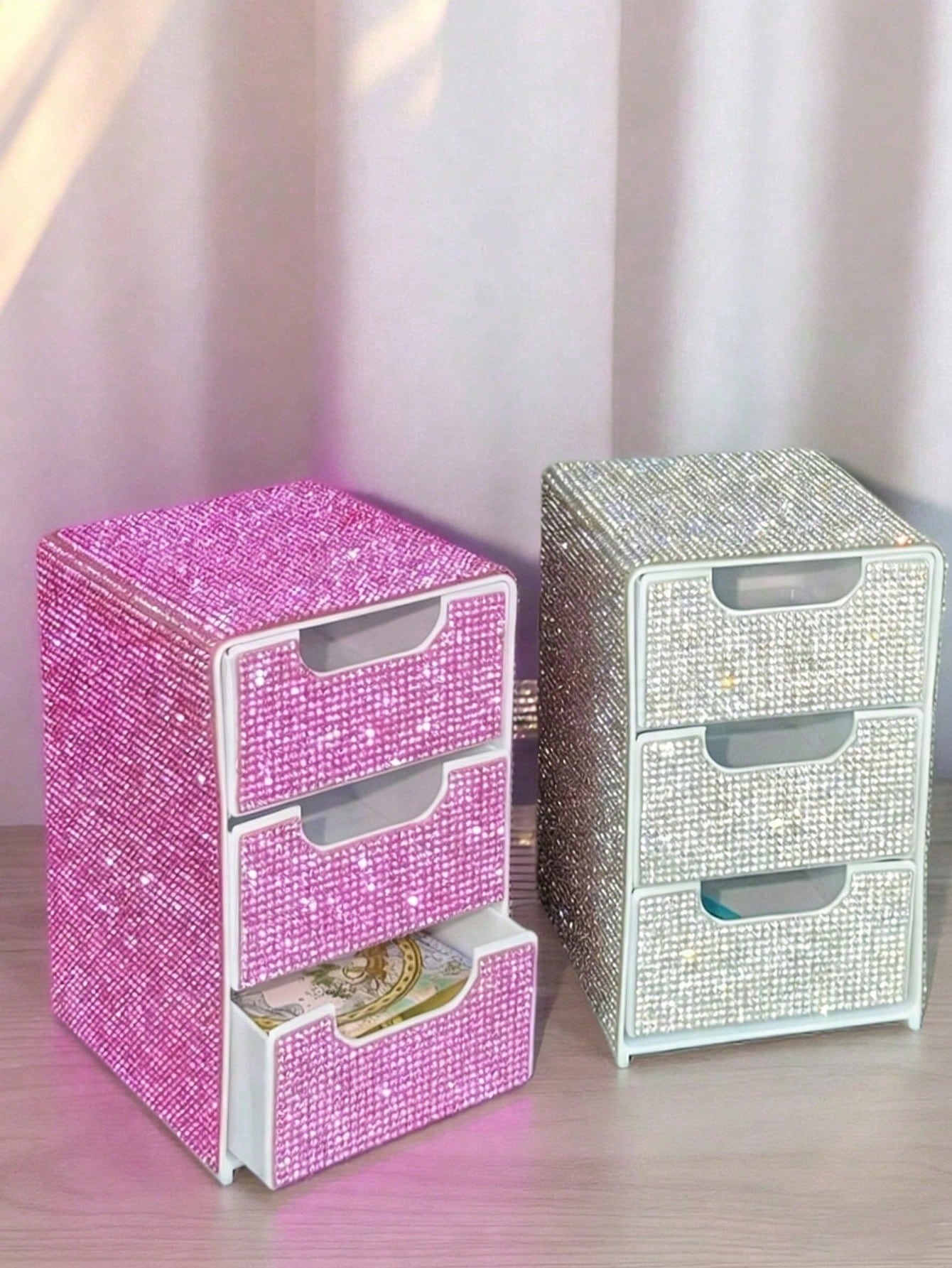 Full Rhinestone 3-Layer Small Drawer High-End Desktop Storage Box, Jewelry & Cosmetics Organizer, Mini Desktop Drawer Storage Box, Desktop Organizer, Room Decor, Plastic Multi-Layer Jewelry & Cosmetic