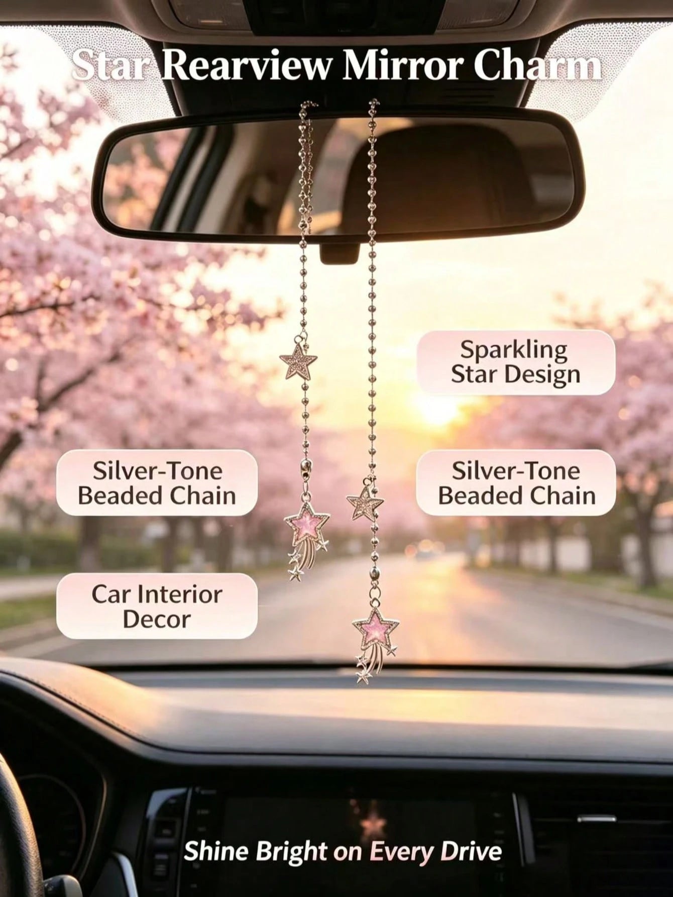 Full Rhinestone Shooting Star Pentagram Car Rearview Mirror Hanging Ornament, Silver Bead Chain Car Interior Hanging Decor, Sparkling Rhinestone Pink Shooting Star Car Hanging Ornament, Car Rearview M