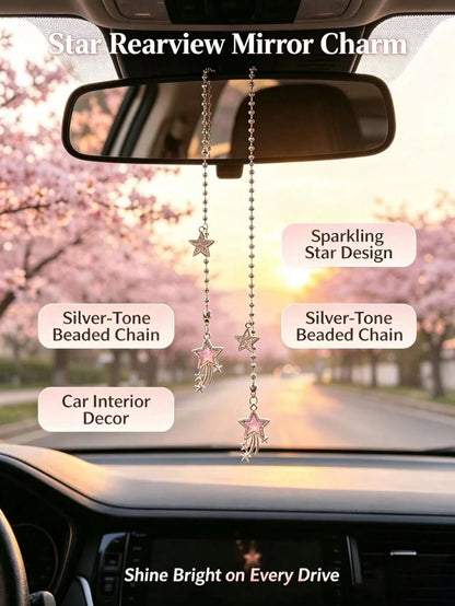 Full Rhinestone Shooting Star Pentagram Car Rearview Mirror Hanging Ornament, Silver Bead Chain Car Interior Hanging Decor, Sparkling Rhinestone Pink Shooting Star Car Hanging Ornament, Car Rearview M