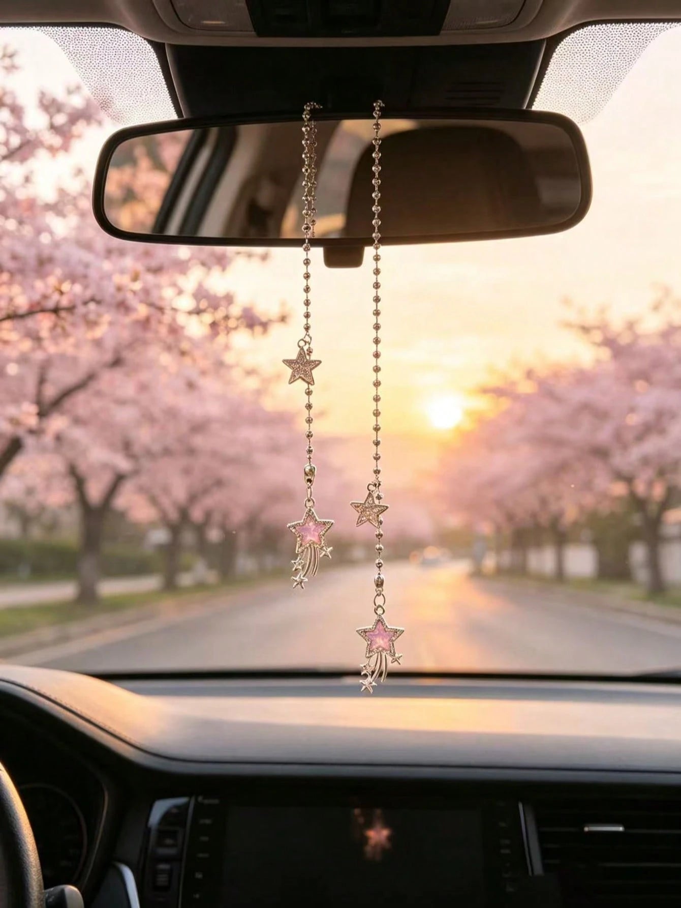 Full Rhinestone Shooting Star Pentagram Car Rearview Mirror Hanging Ornament, Silver Bead Chain Car Interior Hanging Decor, Sparkling Rhinestone Pink Shooting Star Car Hanging Ornament, Car Rearview M