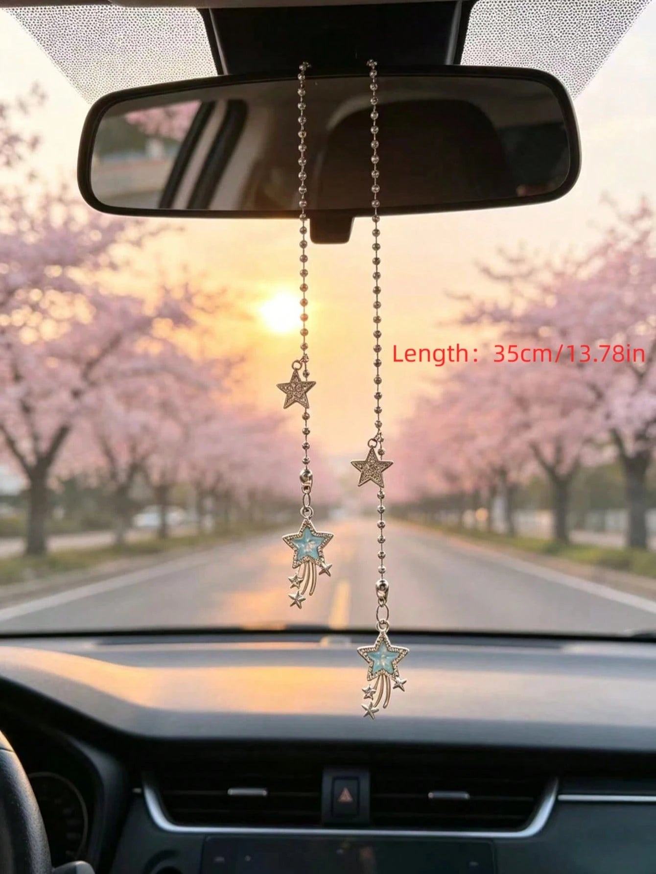 Full Rhinestone Shooting Star Pentagram Car Rearview Mirror Hanging Ornament, Silver Bead Chain Car Interior Hanging Decor, Sparkling Rhinestone Pink Shooting Star Car Hanging Ornament, Car Rearview M