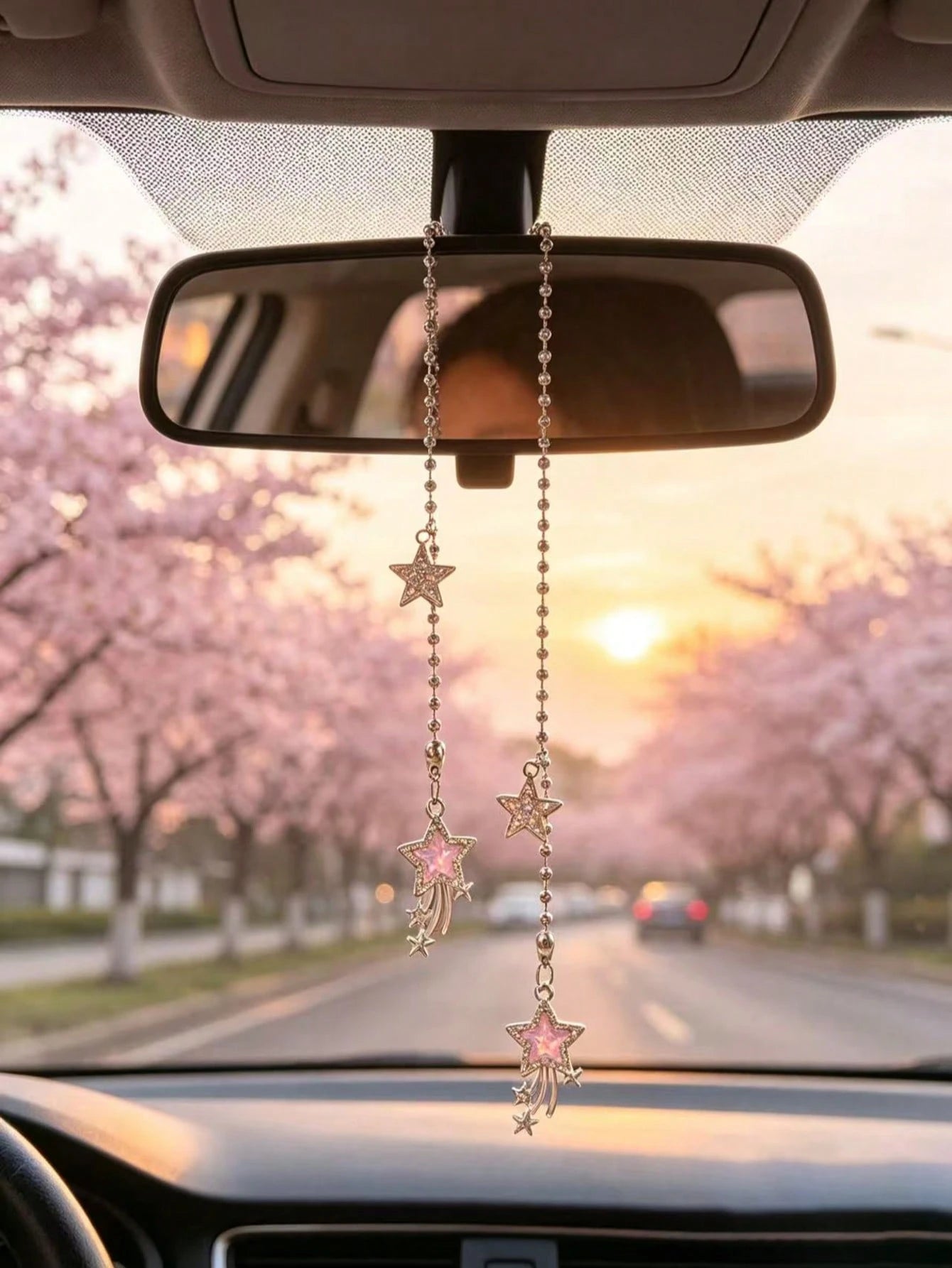 Full Rhinestone Shooting Star Pentagram Car Rearview Mirror Hanging Ornament, Silver Bead Chain Car Interior Hanging Decor, Sparkling Rhinestone Pink Shooting Star Car Hanging Ornament, Car Rearview M