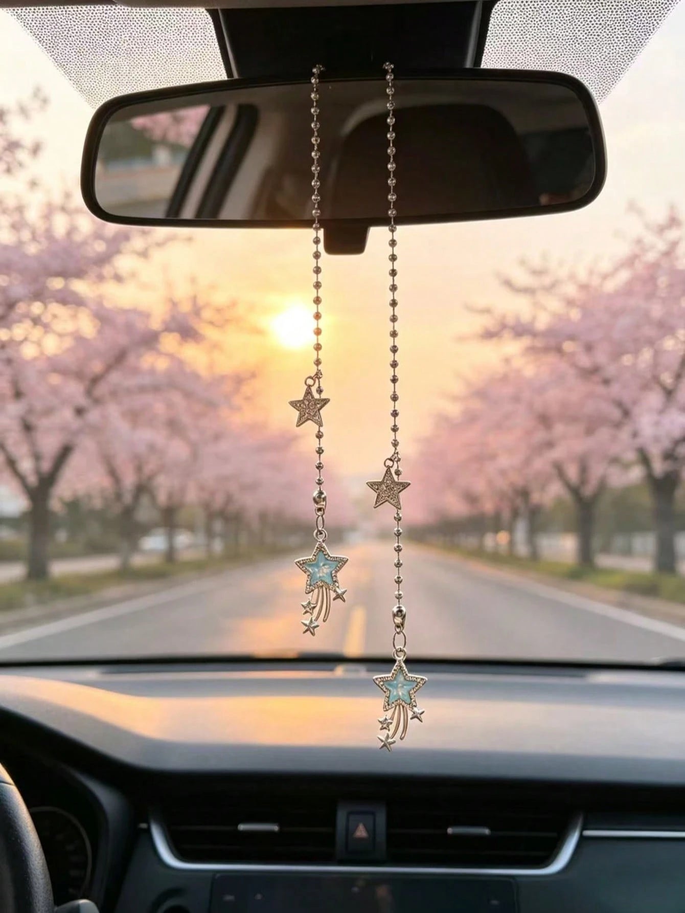 Full Rhinestone Shooting Star Pentagram Car Rearview Mirror Hanging Ornament, Silver Bead Chain Car Interior Hanging Decor, Sparkling Rhinestone Pink Shooting Star Car Hanging Ornament, Car Rearview M