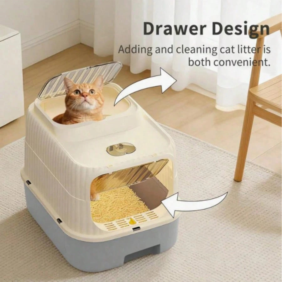 Fully Enclosed Drawer Cat Litter Box With Sifting Step, 2-Way Adjustable Door Knob Odor Control Kitty Toilet, Anti-Tracking Splashproof Large Space Pet Sand Box For Kitten Adult Multi Cats, Easy Clean
