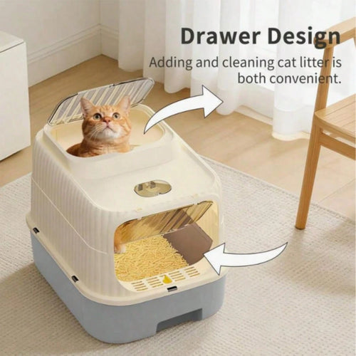 Fully Enclosed Drawer Cat Litter Box With Sifting Step, 2-Way Adjustable Door Knob Odor Control Kitty Toilet, Anti-Tracking Splashproof Large Space Pet Sand Box For Kitten Adult Multi Cats, Easy Clean