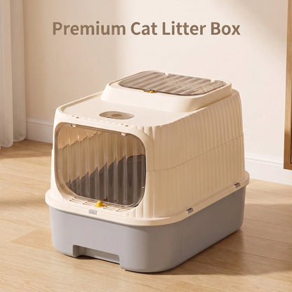 Fully Enclosed Drawer Cat Litter Box With Sifting Step, 2-Way Adjustable Door Knob Odor Control Kitty Toilet, Anti-Tracking Splashproof Large Space Pet Sand Box For Kitten Adult Multi Cats, Easy Clean
