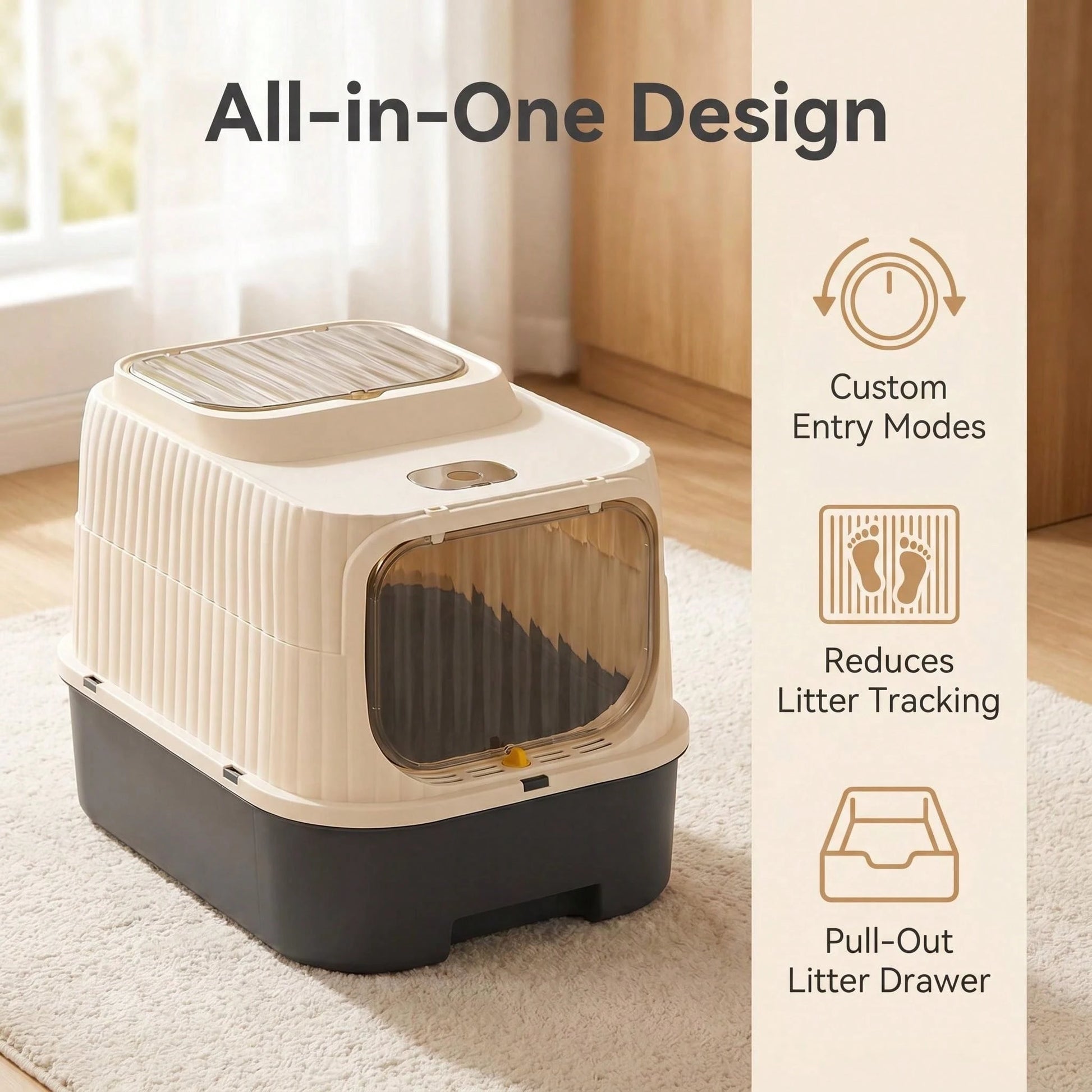 Fully Enclosed Drawer Cat Litter Box With Sifting Step, 2-Way Adjustable Door Knob Odor Control Kitty Toilet, Anti-Tracking Splashproof Large Space Pet Sand Box For Kitten Adult Multi Cats, Easy Clean