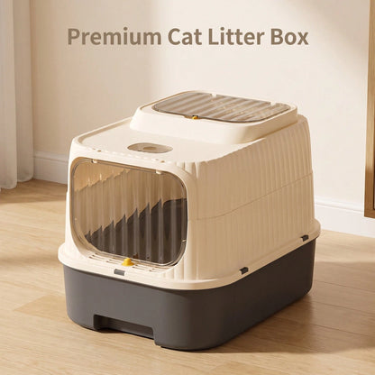 Fully Enclosed Drawer Cat Litter Box With Sifting Step, 2-Way Adjustable Door Knob Odor Control Kitty Toilet, Anti-Tracking Splashproof Large Space Pet Sand Box For Kitten Adult Multi Cats, Easy Clean