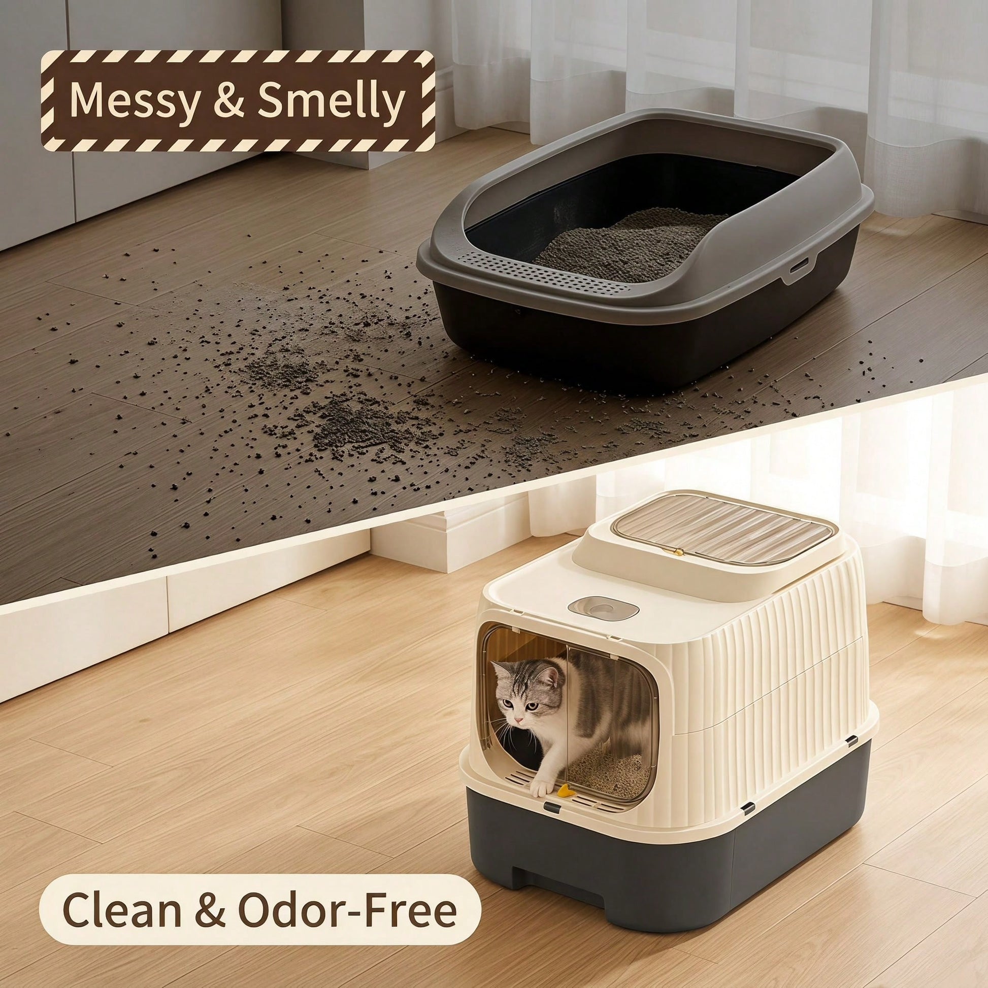 Fully Enclosed Drawer Cat Litter Box With Sifting Step, 2-Way Adjustable Door Knob Odor Control Kitty Toilet, Anti-Tracking Splashproof Large Space Pet Sand Box For Kitten Adult Multi Cats, Easy Clean
