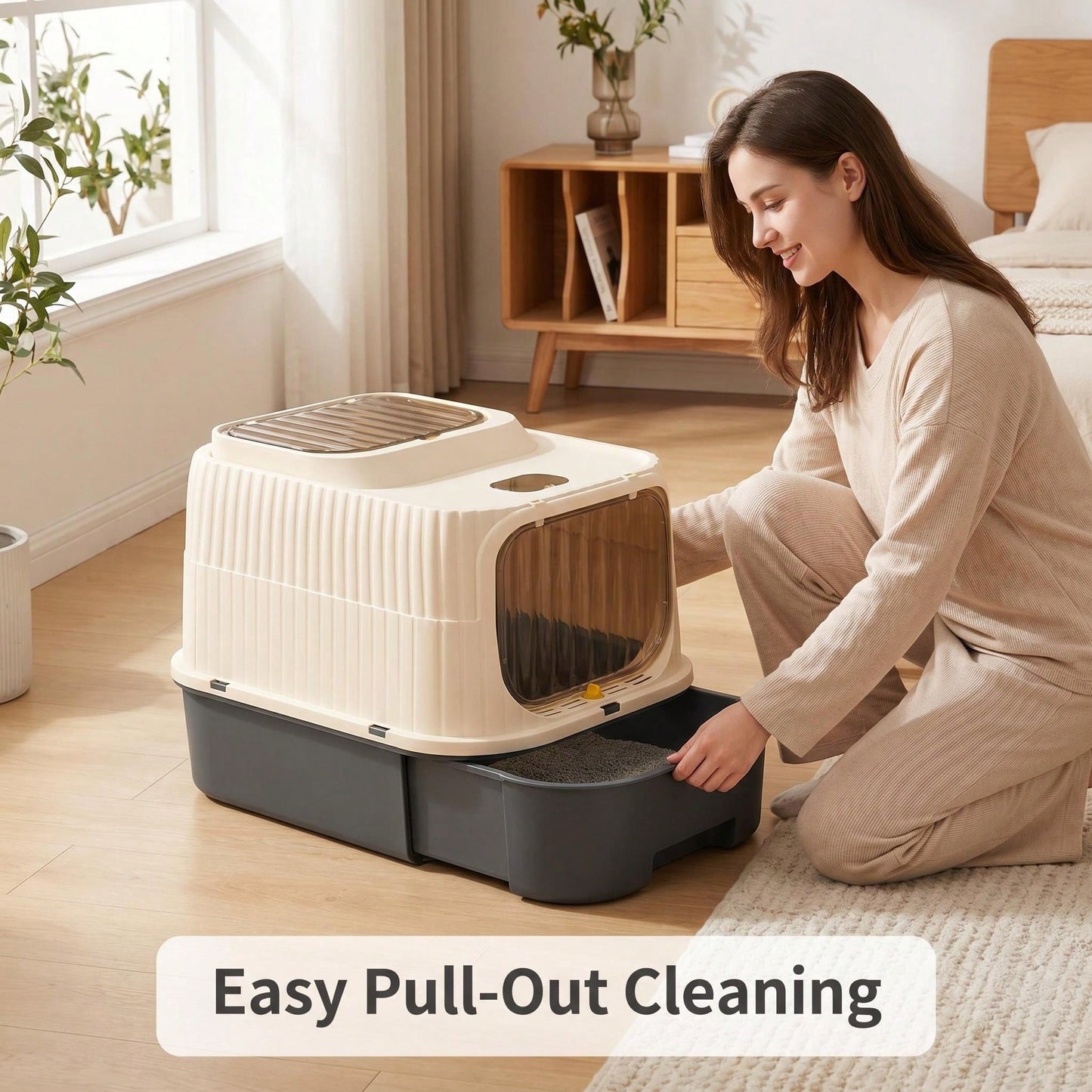Fully Enclosed Drawer Cat Litter Box With Sifting Step, 2-Way Adjustable Door Knob Odor Control Kitty Toilet, Anti-Tracking Splashproof Large Space Pet Sand Box For Kitten Adult Multi Cats, Easy Clean