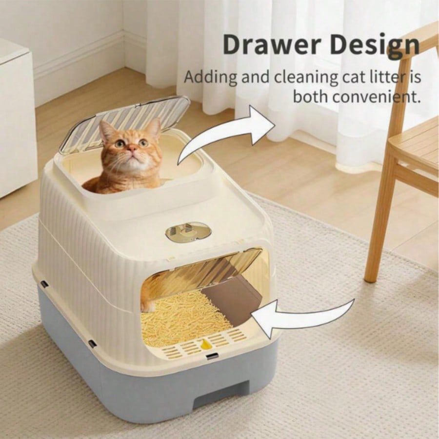 Fully Enclosed Drawer Cat Litter Box With Sifting Step, 2-Way Adjustable Door Knob Odor Control Kitty Toilet, Anti-Tracking Splashproof Large Space Pet Sand Box For Kitten Adult Multi Cats, Easy Clean