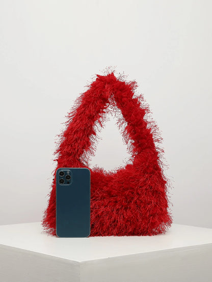 Fuzzy, Soft, Plush Neon Red Fluffy Hobo Bag For Girls, Women, College Students, Rookies & White-Collar Workers For Work, Office, Commute, For Autumn & Winter, Warm Winter, Outdoors, For Party, Prom, W