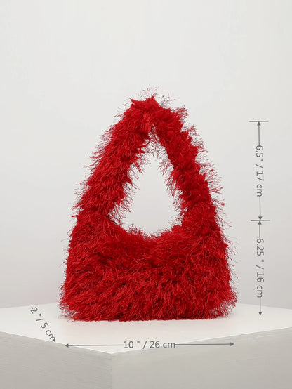 Fuzzy, Soft, Plush Neon Red Fluffy Hobo Bag For Girls, Women, College Students, Rookies & White-Collar Workers For Work, Office, Commute, For Autumn & Winter, Warm Winter, Outdoors, For Party, Prom, W