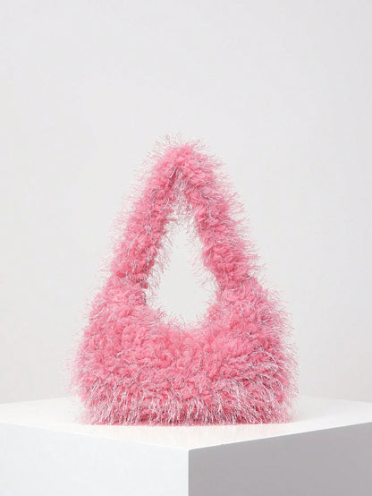 Fuzzy, Soft, Plush Neon Red Fluffy Hobo Bag For Girls, Women, College Students, Rookies & White-Collar Workers For Work, Office, Commute, For Autumn & Winter, Warm Winter, Outdoors, For Party, Prom, W