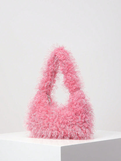 Fuzzy, Soft, Plush Neon Red Fluffy Hobo Bag For Girls, Women, College Students, Rookies & White-Collar Workers For Work, Office, Commute, For Autumn & Winter, Warm Winter, Outdoors, For Party, Prom, W