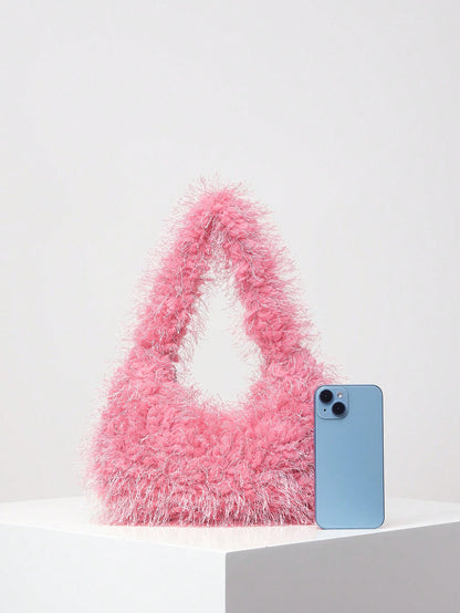 Fuzzy, Soft, Plush Neon Red Fluffy Hobo Bag For Girls, Women, College Students, Rookies & White-Collar Workers For Work, Office, Commute, For Autumn & Winter, Warm Winter, Outdoors, For Party, Prom, W