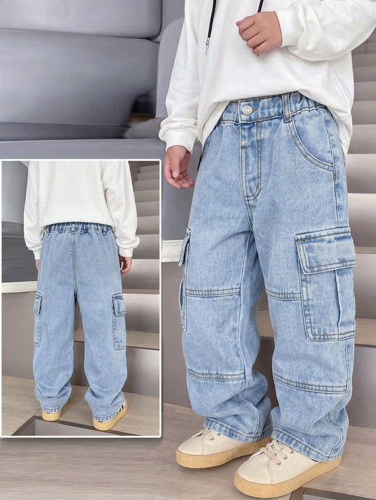 Genkimix Kids Young Boys Light Blue Denim Cargo Pants, Back-To-School Winter Career Day, Elastic Waist Drawstring Loose Straight Leg Jeans With Large Pockets